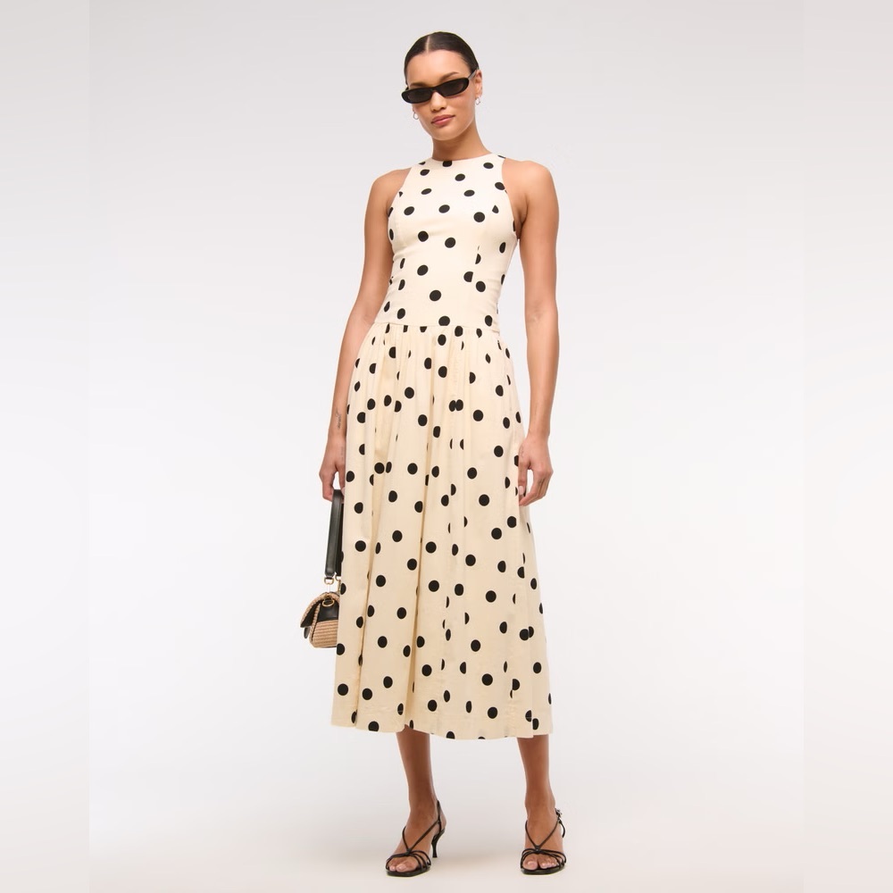 Abercrombie & Fitch Drop Waist Midi Dress with Black Polka Dots